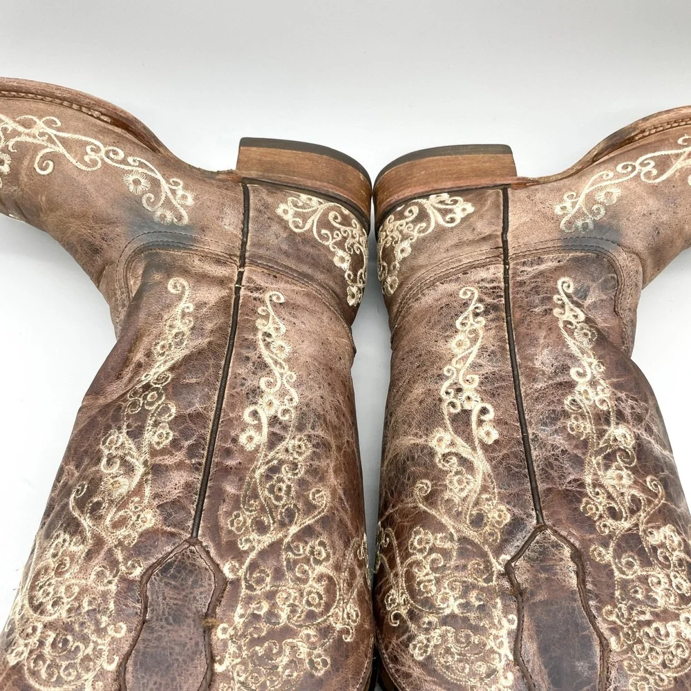 Corral Teen Size 4T Brown Leather Floral Embroidered Square Toe Western Boots